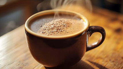 Close Up Of Steaming Hot Coffee Cup On Wooden Table In Natural Sunlight Offering A Warm And Comforting Beverage Experience