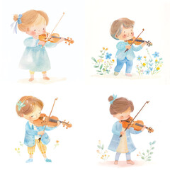 Cute Kid Playing Violin Watercolor Clipart Bundle

