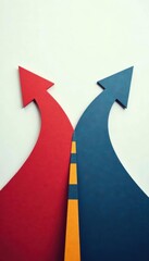 Two arrows pointing in opposite directions on a fork in the road, divergence, options