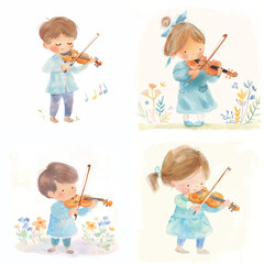 Hand-Painted Violin Playing Child Clipart Bundle

