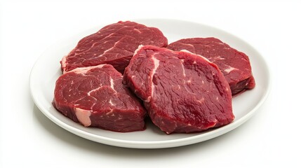 Fototapeta premium Raw beef steaks on white plate ready for cooking delicious meal red bbq cut meat food lunch grill