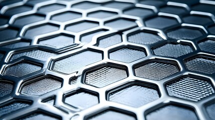 Obraz premium Close-up view of a metallic hexagonal grid pattern.