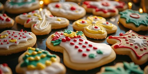 A Christmas-themed display of sugar cookies decorated with colorful royal icing in festive shapes