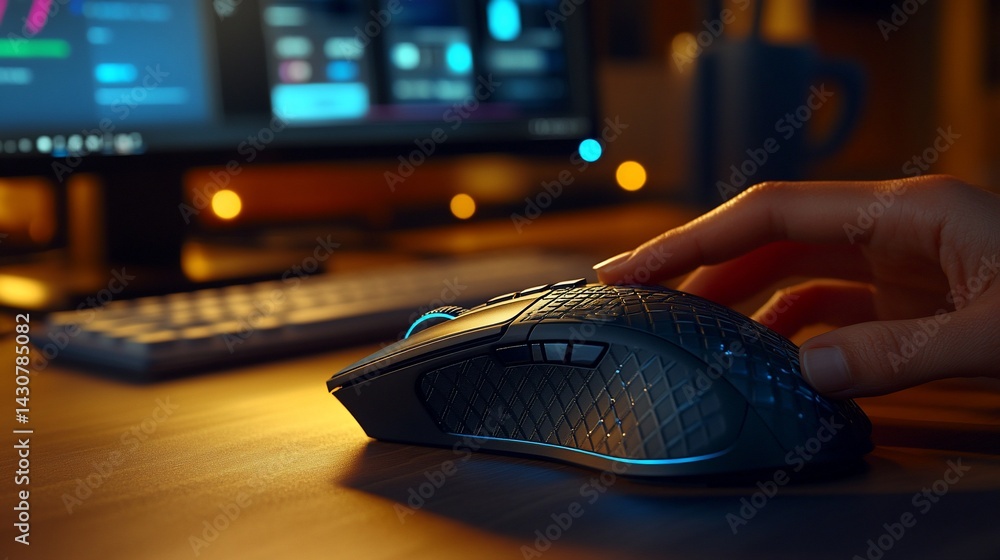 Aufkleber close-up of a hand using a computer mouse on a wooden desk