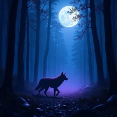 The mysterious black wolf in the moonlit forest