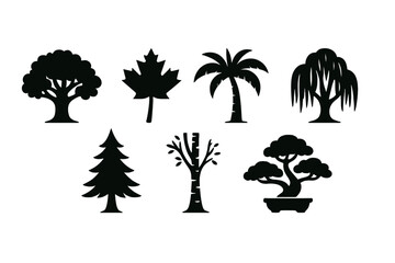Stylized tree silhouettes: oak, pine, maple, palm, willow, birch, bonsai