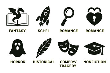 Literary genre symbols: fantasy dragon, sci-fi rocket, mystery magnifier, romance lock, horror ghost, history quill, drama masks, non-fiction cap