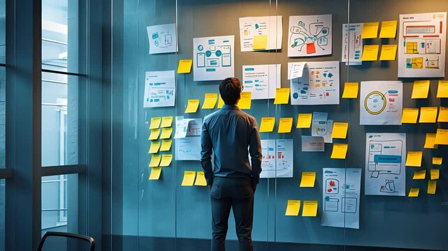 A focused professional analyzing charts and diagrams on a glass wall filled with sticky notes in a modern office environment.

