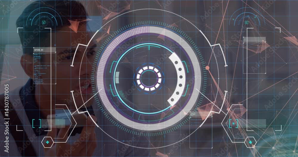 Poster man holding smartphone while projecting futuristic hud graphics over technology workspace grid