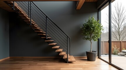 Modern interior with floating stairs, black wall, and a potted tree. Best for showcasing contemporary architecture and minimalist design.