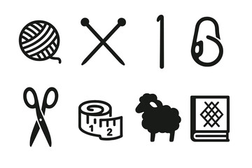 Knitting and crochet supplies: yarn, needles, hook, marker, scissors, tape measure, sheep, scarf, pattern book