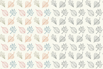 Autumn falling leaves seamless pattern Set of 2. Hand drawn ink brush line, cute doodle sketch linear design, oak maple aspen leaf shapes. Fall seasonal web black, colourful decor. Vector illustration