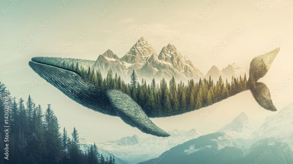 Poster whale shaped from pine forests gliding through surreal landscape with towering peaks in a tranquil s