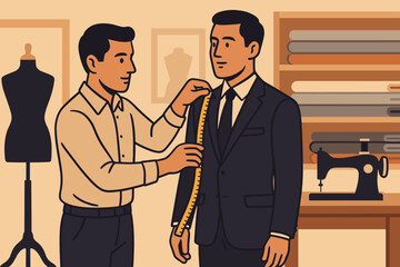 In a shop surrounded by fabrics and mannequins, a customer's measurements are taken by a tailor for garment creation