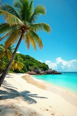 Obraz premium Warm sandy beach with swaying palm trees and turquoise waters, sand, island