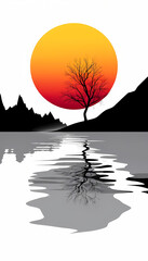 Stunning Sunset Over Serene Lake with Silhouetted Trees – Vibrant Orange Sky, Calm Water Reflection, Peaceful Nature Landscape