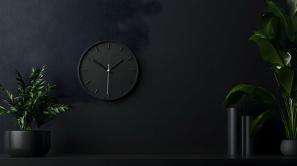 Modern minimalist black wall clock against a sleek dark background, creating a sophisticated ambiance