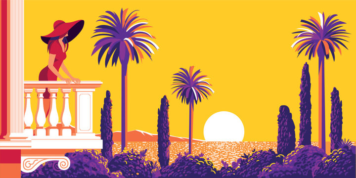 Woman in a hat on a balcony on a Mediterranean resort against the background of a park with palm trees and cypresses and the sea. Handmade drawing vector illustration. Flat design. Vintage Poster.