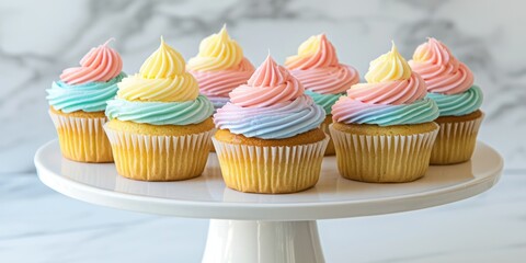 A colorful cupcakes with perfectly swirled buttercream frosting in shades of pink, blue, and yellow, arranged on a white cake stand
