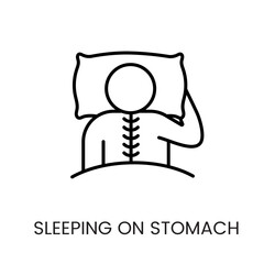 Person sleeping on stomach with pillow showing sleeping position used in health posture materials mattress and bedding branding line icon in vector with editable stroke