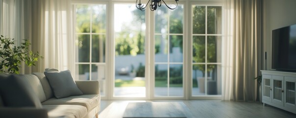 Fototapeta premium Sunlit Living Room with French Doors and Tranquil Garden View