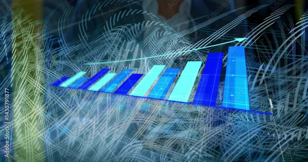 Poster 3d bar chart being animated in data visualization, with upward arrow and abstract network lines