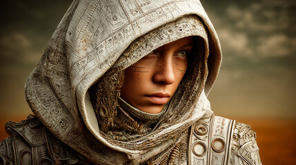 Mysterious Hooded Woman in Intricate Armor Standing in Ancient Desert with Overcast Sky