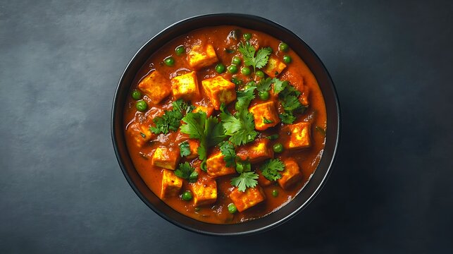 Traditional indian matar paneer curry with green peas and coriander served in black bowl on dark background

