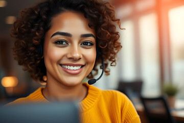 Obraz premium Smiling African Woman Call Center Agent with Headset – Customer Service and VoIP Support
