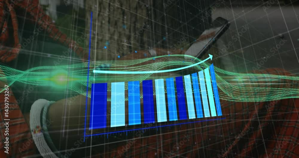 Poster man holding smartphone while exploring technology data with floating bar chart and green waveforms