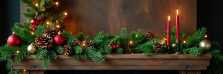 Fototapeta premium Wooden mantel adorned with evergreen branches and ornaments, seasonal, evergreen
