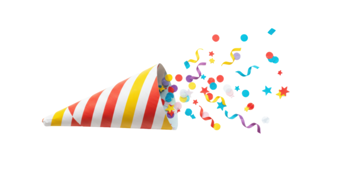 Isolated Party Popper with Confetti Exploding Celebration