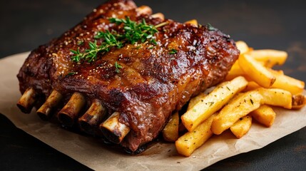 A plate of barbecued ribs, charred to perfection and served with a side of golden fries, showcasing the rich caramelization of the meat and inviting flavors of the dish.