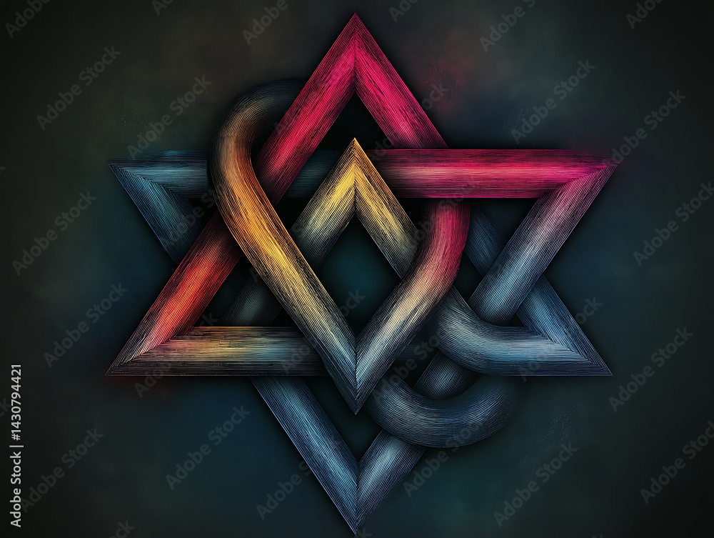 Poster intricate abstract design featuring a colorful star entwined with geometric shapes and gradients on 