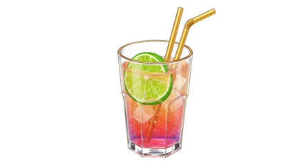 Isolated Refreshing Cocktail with Lime Slice and Straws for Summer