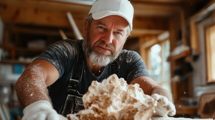 An image capturing a skilled craftsman focused on shaping wood, highlighting the artistry, dedication, and craftsmanship within a warm and inviting workshop environment.