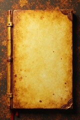 Yellowed aged book with worn leather binding and golden pages against a vintage texture background, worn leather, paper texture