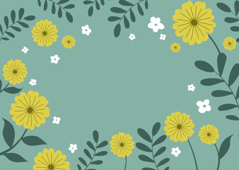 Floral Vector Frame with Yellow Flowers and Green Leaves on Green Background. Decorative border design suitable for greeting cards, invitations, backgrounds, or printable stationery.