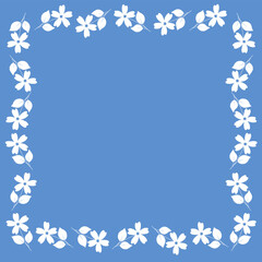 Vector floral frame with white flower and leaf silhouettes on a blue background, decorative botanical border