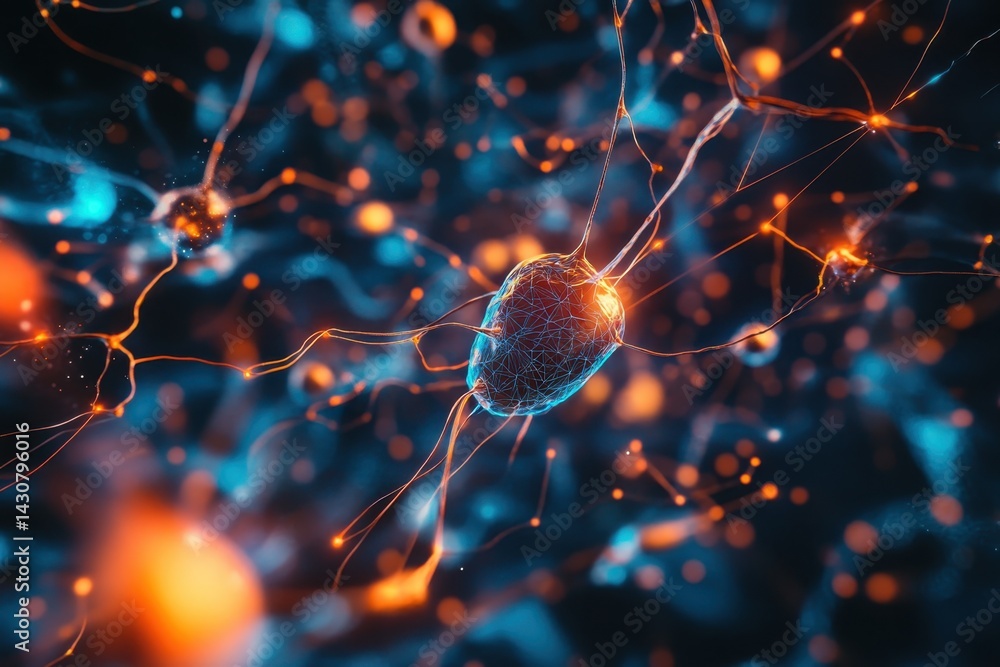 Poster visual representation of neurons connecting in a vibrant neural network