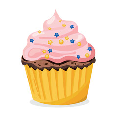 Delicious pink cupcake with cartoon illustration.