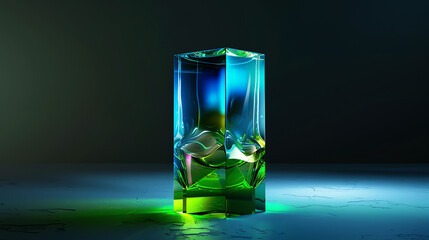 Stunning abstract 3D fluid render with glass-like transparency, vibrant blue-green light contrast, and prismatic color distortion. Perfect for futuristic & surreal visuals