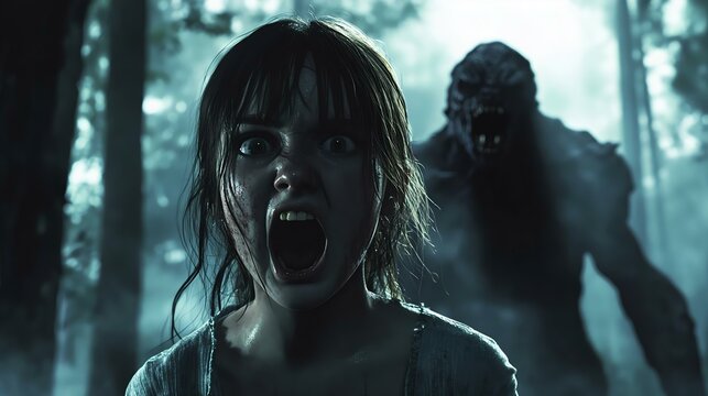 A terrified girl screams in the woods, haunted by a monstrous creature lurking behind. Perfect for horror and suspense themes.