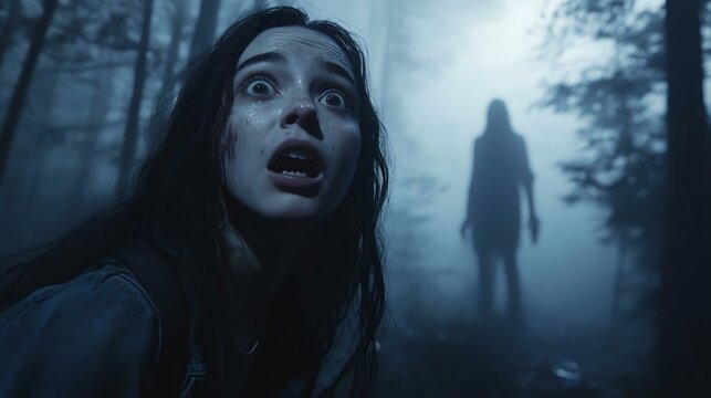 A terrified woman in a foggy forest, showcasing horror and suspense as a shadowy figure looms threateningly behind her.