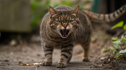 Naklejka premium A fierce cat growling with an intense expression, set against a natural background, showcasing its striking fur and vibrant green eyes.
