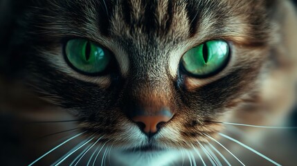 Close-up shot of a cat with striking green eyes, showcasing intricate fur patterns and whiskers, perfect for pet enthusiasts and animal lovers.