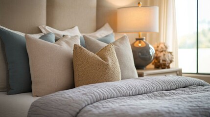 Cozy bedroom with layered pillows and bedding