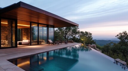 A modern luxury residence with a beautiful pool reflects the surrounding greenery, delivering a perfect blend of elegance and nature, calling for relaxation and enjoyment.