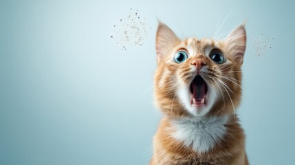 An energetic orange cat with bright blue eyes shows its delight by exclaiming with a wide-open mouth, perfectly portraying intense emotions in a simplistic backdrop.