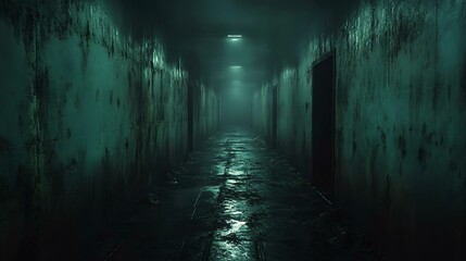 A dark, eerie hallway with wet floors and green-tinged walls, featuring faint lights and mysterious doors, creating a suspenseful atmosphere.